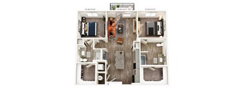 A top down view of a small apartment layout with a living room, kitchen, and bathroom.