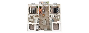 A top-down view of a house layout with a living room, kitchen, and two bedrooms.