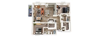 A floor plan of a house with a living room, kitchen, and two bedrooms.