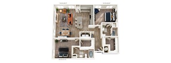 A floor plan of a two-bedroom apartment with dimensions.