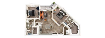 A detailed 3D floor plan of a small apartment with a living room, kitchen, and bathroom.
