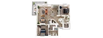 A floor plan of a house with a living room, kitchen, and two bedrooms.