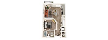 A top-down view of a small apartment with a living room, kitchen, and bathroom.