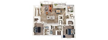 A floor plan of a house with a living room, dining room, kitchen, and bathrooms.