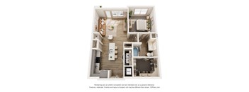 a stylized view of a 1 bedroom floor plan with a bathroom and a balcony