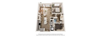 A 3D floor plan of a house with labeled rooms.