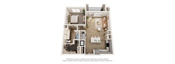 a stylized 3d floor plan with a bedroom and living room