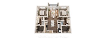 a 3d floor plan of a bedroom with a bathroom and a living room