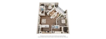 a stylized 3d floor plan with a bedroom and a living room
