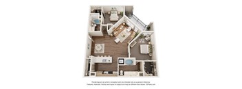 A 3D floor plan of a house with a kitchen, living room, and bathroom.