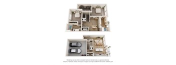 a stylized view of a 3 bedroom floor plan and a 2100 sq ft apartment