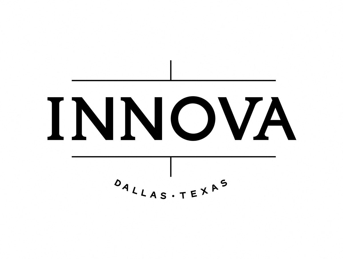 A black and white image of a logo that reads "innova dallas. texas".