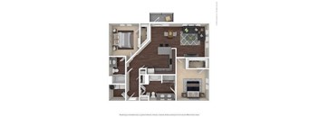 A floor plan of a two-bedroom apartment with a living room, kitchen, and bathroom.
