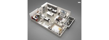 A 3D rendered image of a modern apartment layout.