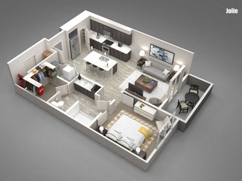 A 3D rendered image of a modern apartment layout.
