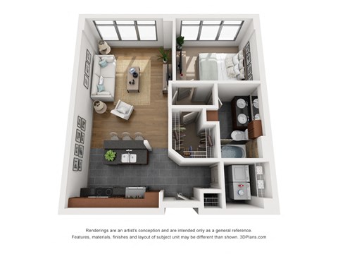 a 1 bedroom floorplan is shown in this rendering