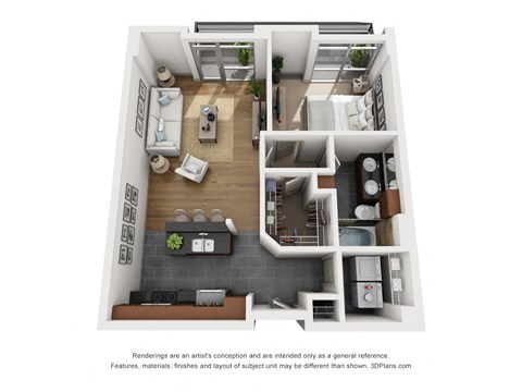 a 1 bedroom floorplan is shown in this rendering