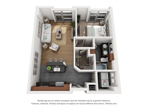 a 1 bedroom floorplan is shown in this rendering
