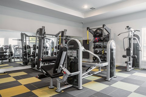 a spacious fitness room with weights and cardio equipment