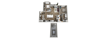 A floor plan of an apartment with a garage for a car.