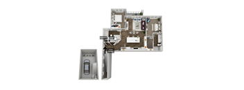 3d floorplan of a 2 bedroom apartment with a one car garage