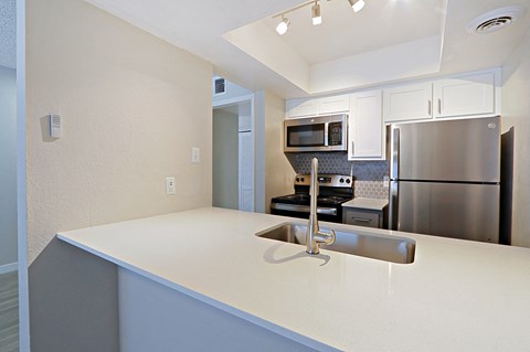 a kitchen with a sink and a stainless steel refrigerator