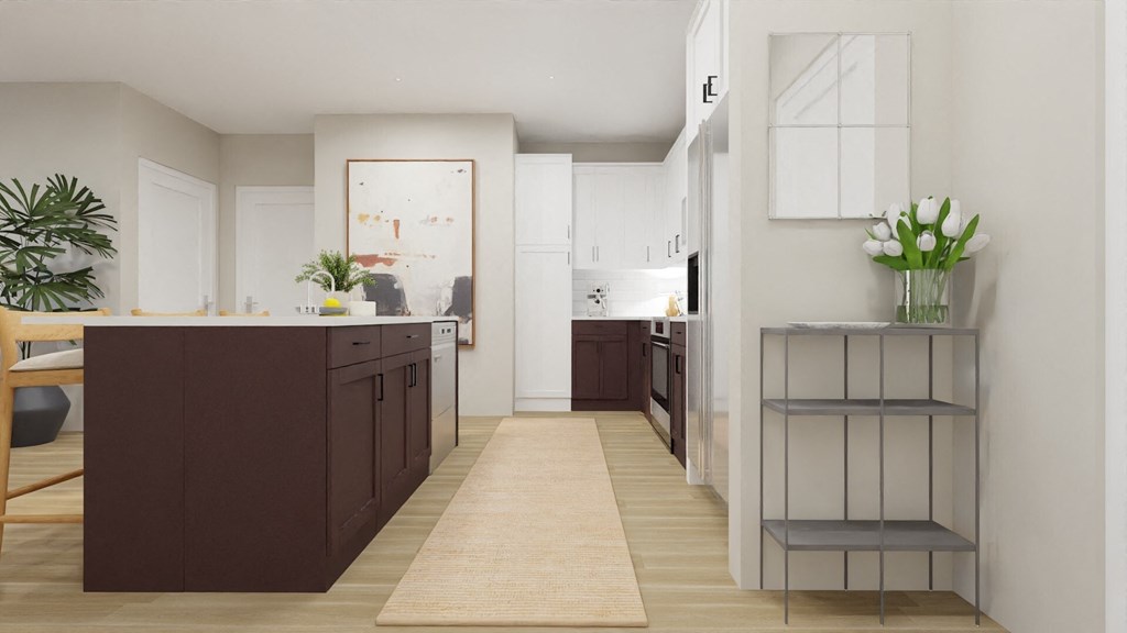 a view of a kitchen and a living room with wooden floors and white walls