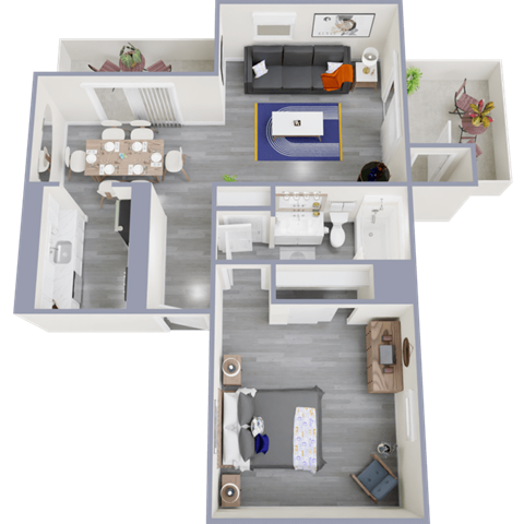 a 3d rendering of a 1 bedroom apartment with a bathroom and a living room