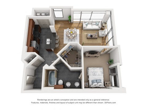 a 1 bedroom floor plan is shown in this rendering