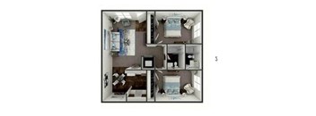 A dollhouse with a white frame and a brown floor.