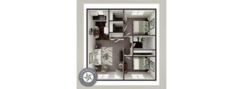 A floor plan of a small apartment with a kitchen, living room, and bathroom.