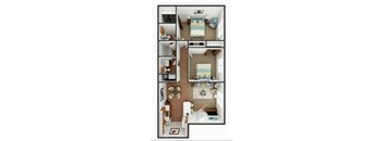 A top-down view of a small apartment with a kitchen, living room, and bedroom.