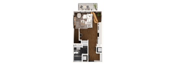 A top-down view of a small apartment with a kitchen, living room, and bathroom.