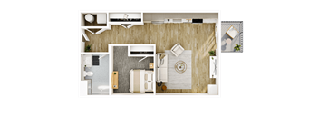 A top-down view of a room with a bed, a couch, a chair, a desk, and a potted plant.