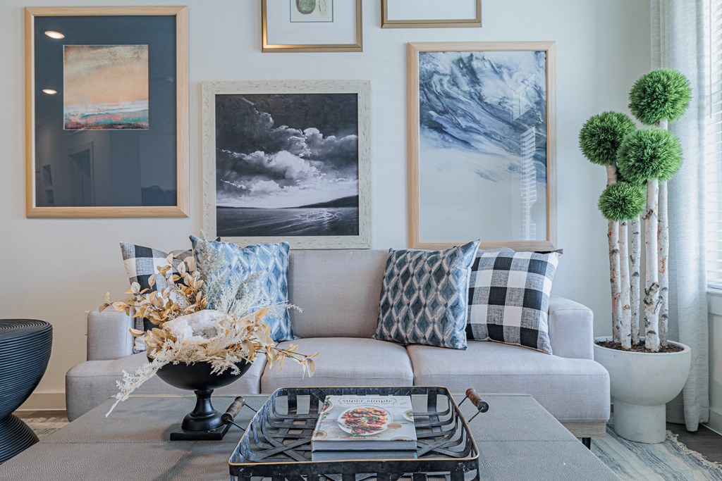 a living room with a couch and a coffee table