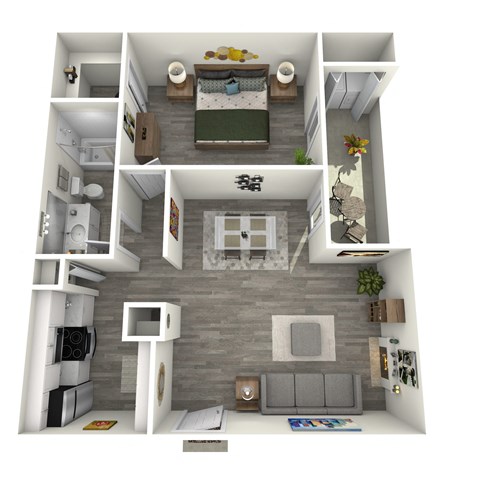 a 3d rendering of our 1 bedroom apartment at princeton court apartments in dallas
