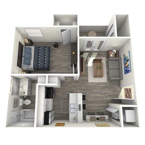 a 3d rendering of our 1 bedroom apartment at the crossings at white marsh apartments in white