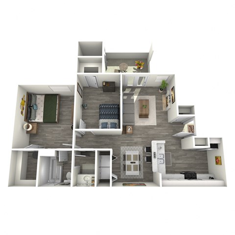 a 3d rendering of our 1 bedroom apartment at the crossings in indianapolis