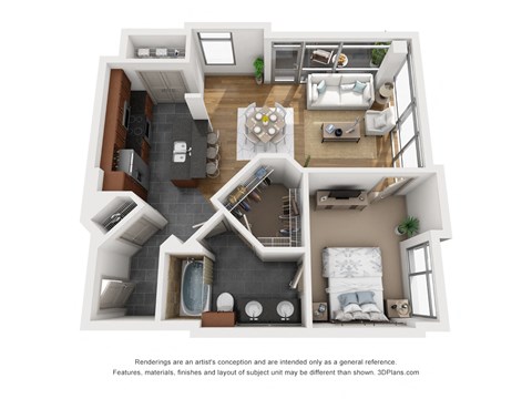 a 1 bedroom floor plan is shown in this rendering