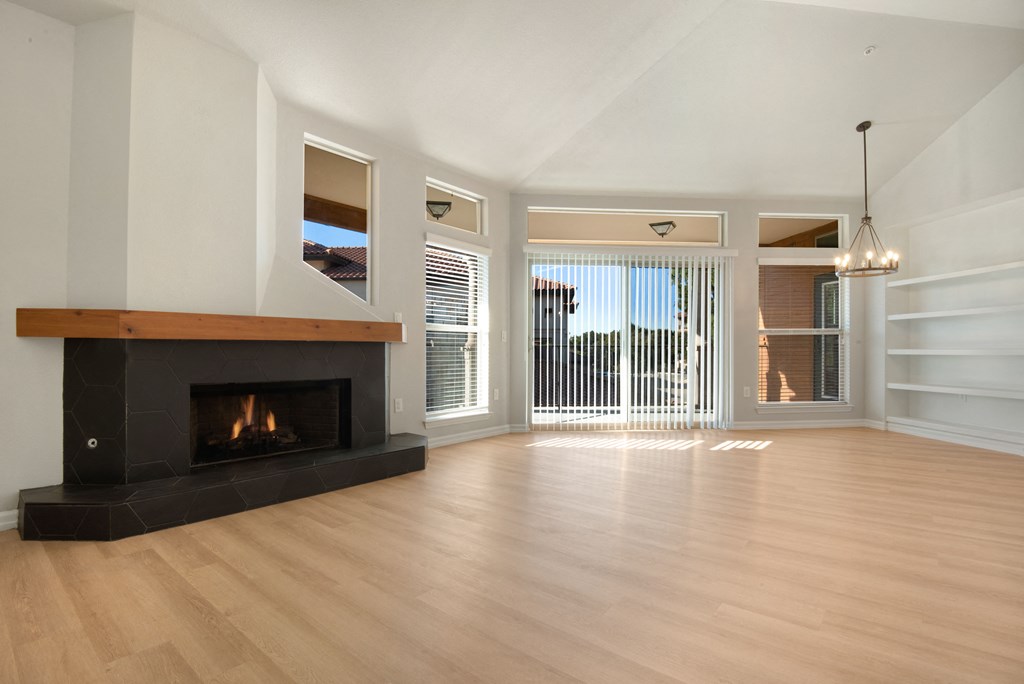 a living room with a fireplace