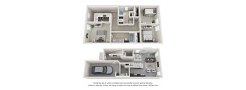 a stylized 3d floor plan of a house with a bedroom and a kitchen