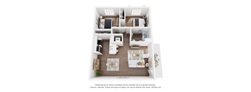 A 3D floor plan of a house with a kitchen, living room, dining room, and two bedrooms.