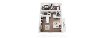A 3D floor plan of a house with a kitchen, living room, and two bedrooms.