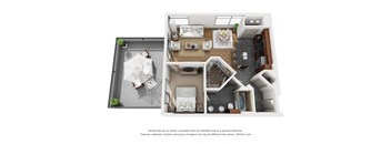3d floor plan of a home with a bedroom and living room
