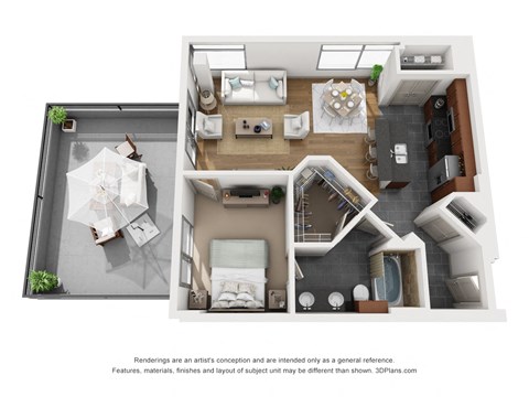 3d floor plan of a home with a bedroom and living room