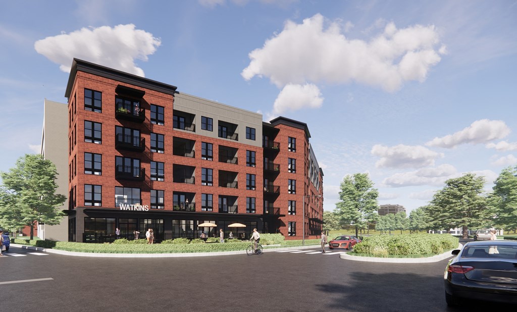 a rendering of an apartment building on a city street