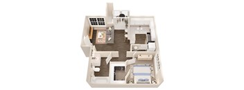 A top down view of a small apartment with a kitchen, living room, and bedroom.