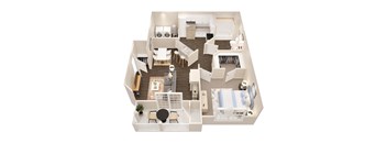 A top down view of a small apartment with a kitchen, living room, and bedroom.