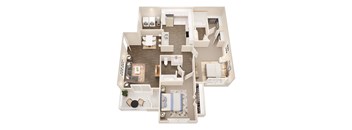 A top-down view of a house interior with a kitchen, living room, and bedrooms.