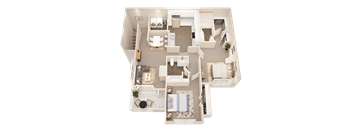 A 3D floor plan of a house with a kitchen, living room, and bathroom.